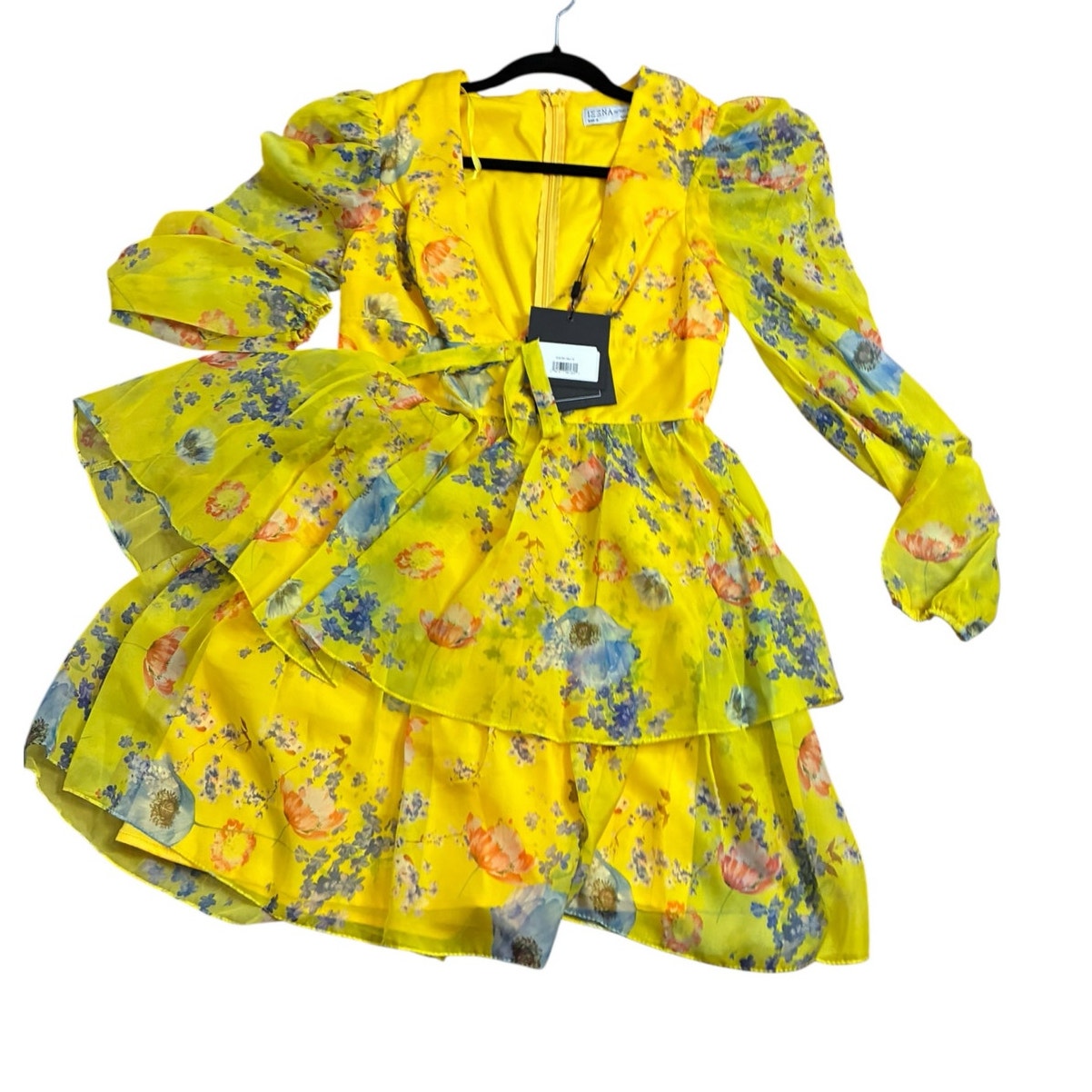 Mac Duggal V-Neck Mini Dress Yellow Floral Print Chiffon Tiered Ruffle Size 6